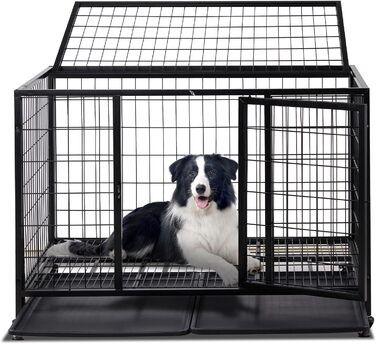 Міцна переносна переноска для собак, 109x76x87 см, 2 дверцята, фіксуючі колеса, знімний піддон – для середніх та великих собак – чорна
