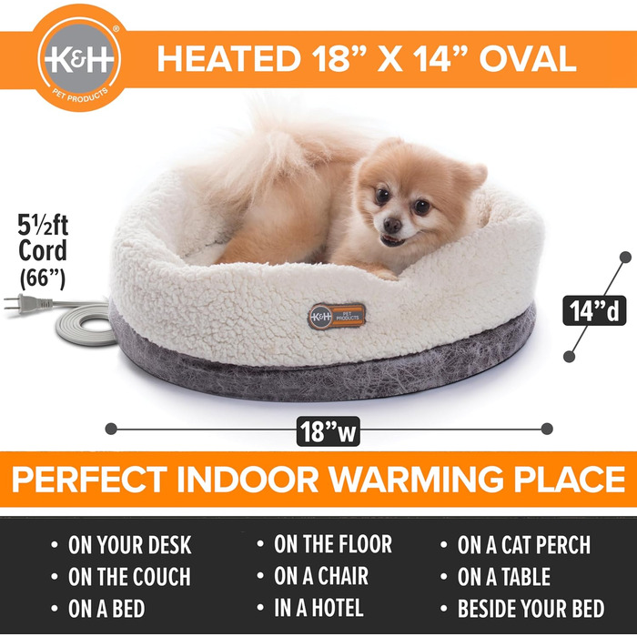 Обігріте термоліжко для котів K&H PET PRODUCTS, кругле велике сіре ліжко для котів та маленьких собак, для дому, 35,6x45,7 см