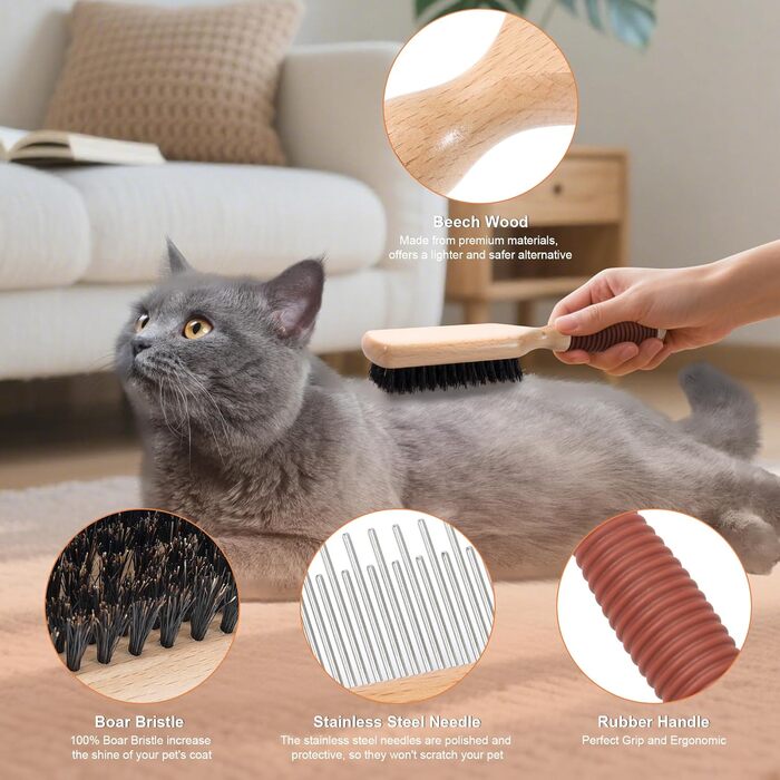 Двостороння щітка для собак та котів з щетиною кабана та пензлем, для догляду за шерстю, підходить для короткошерстих порід, з дерев'яною ручкою з гумовим покриттям