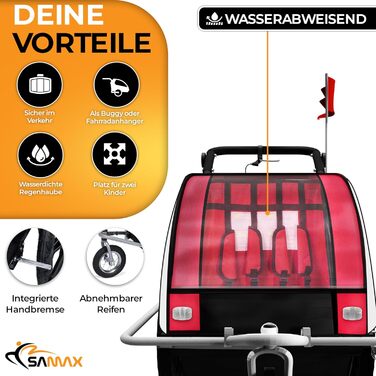 SAMAX Fahrradanhänger Jogger 2in1: Дитячий велопричіп-коляска 2в1, обертання 360°, для 2 дітей, червоний, сірий фрейм