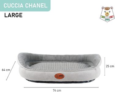 Лежак для собак і котів Chanel, світло-сірий, великий, 74x64x25 см, знімний чохол, м'який, з бортиками, протиковзка основа, машинне прання