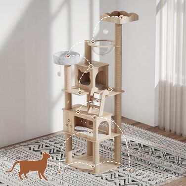 Дерев'яна кігтеточка Mondeer для кімнат з двома будиночками для котів, контейнером для наповнювача, прозорою капсулою, знімними плюшевими подушками, розмір 60x50x184 см, дуб