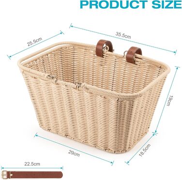 Фарбований велосипедний кошик CXWXC – міцний передній кошик з ручної плетіння з лози з регульованими ремінцями з веганської шкіри, бежевий