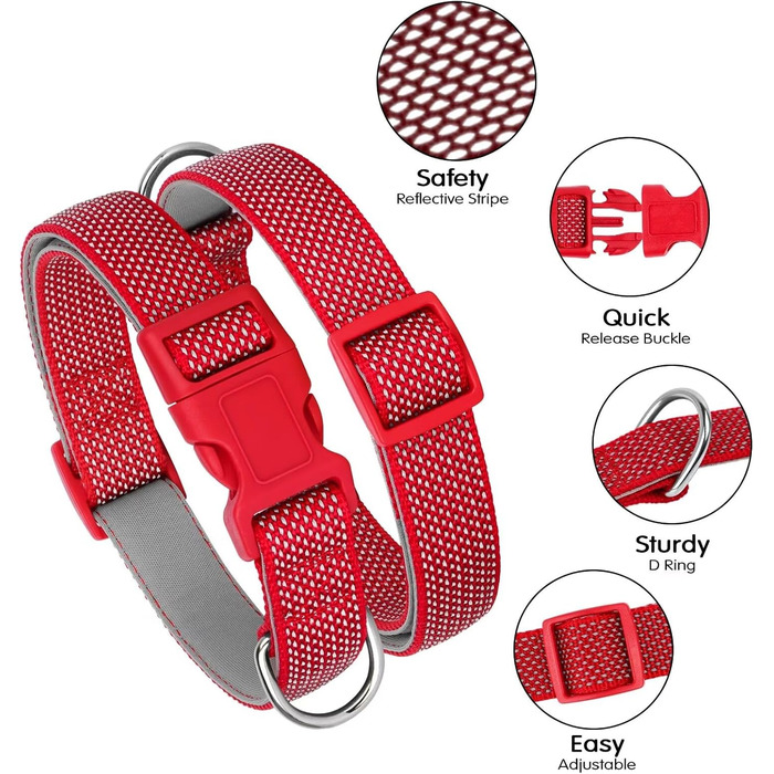 Світловідбиваючий нашийник для собак Didog з пряжкою, регульований, м'який неопрен, з підкладкою, нейлон, для собак маленьких, середніх та великих порід, L (M: обхват шиї 25-43см, червоний)