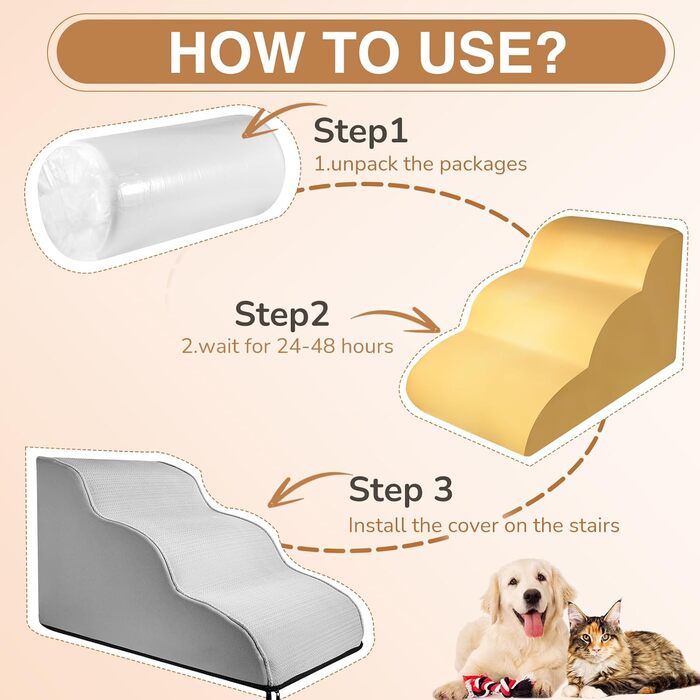 Сходинки для собак маленьких порід, 4-ступеневі сходи для ліжка, дивану, крісла, з м'якою підкладкою, антиковзні, збалансовані, для дому, Бежевий