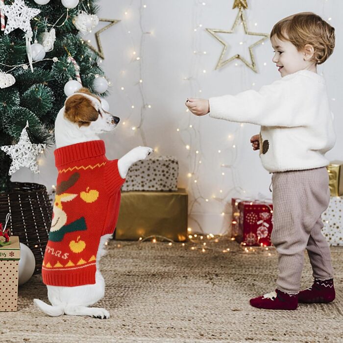 Теплий в'язаний пуловер для собак Kuoser на Новий рік, м'який зимовий одяг для собак, святковий пуловер з оленем для собак середніх та великих порід, зелений (XL, червоний)