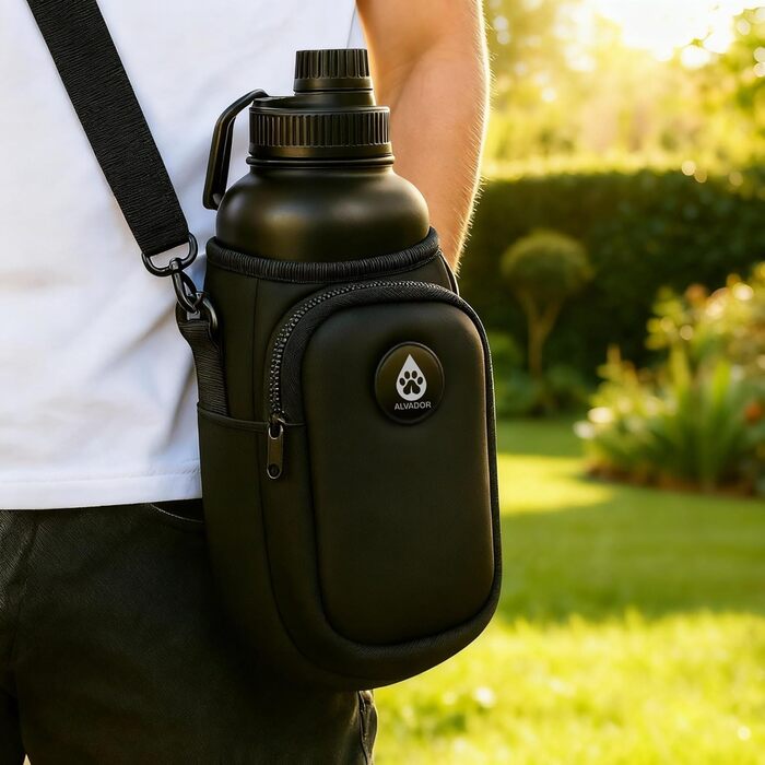 Водяна пляшка для собак на 1000 мл з нержавіючої сталі, 4-в-1, з місткою та мискою для корму, витокозахисна, без BPA, аксесуар для прогулянок та походів (чорна)