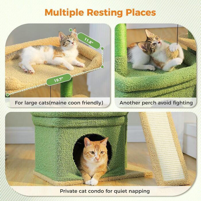 Дерев'яний комплекс для котів PEQULTI з будиночком, когтеточкою та широкою платформою, зелений