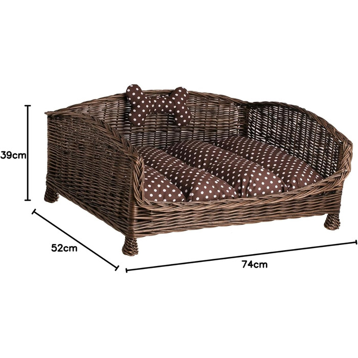 Корзина для собак та котів з плетіння лози з м'яким лежаком, коричнева (74x52x39 см)