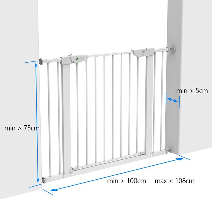 Захист для сходів Vounot без свердління, 75-108 см, для дітей, собак та котів, автоматичне закриття, магнітний замок, 90° фіксація, білий (2x подовжувач)