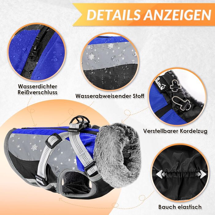 Зимовий теплий одяг для собак: водонепроникна флісова куртка з кріпленням для повідка. Підходить для собак маленьких, середніх та великих порід (XS, Синій)