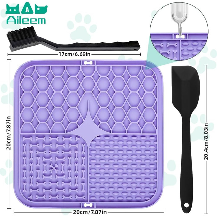 Килимок-лизун для собак та котів, 20 см, з міцними присосками для зняття тривоги та розваг, для купання та дресирування, лопатка та щітка, 2 шт. (фіолетовий та сірий)