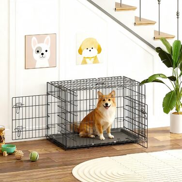 Клітка для собак BestOffice, розкладний, з 2 дверцятами, висувний піддон, ручка, переноска для собак, 61x42x48 см, S, чорна