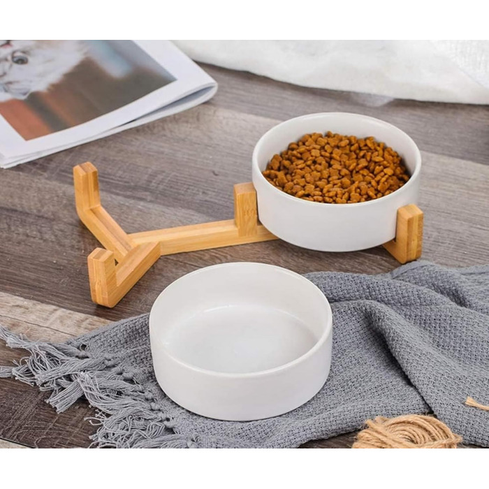 Керамічна миска для собак та котів 2 шт. з підставкою з бамбука, 600 мл, антиковзна, для годування, миска для тварин