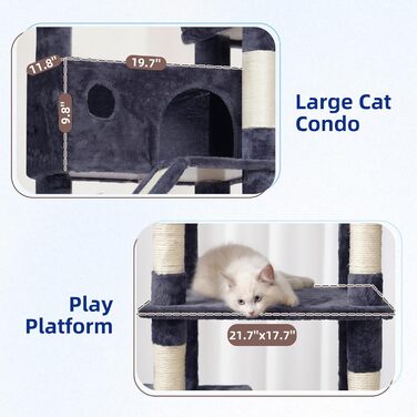 Великий котячий будиночок Kratzbaum: стабільний, 200 см, з платформами, гамаком та сизалевими стовпчиками (GCT031W, сірий)