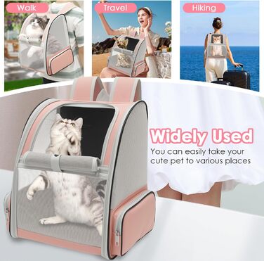 Складаний рюкзак для котів та собак, рюкзак-переноска з сіткою, м'яка підстилка, до 6,8 кг, дихаючий, для подорожей, прогулянок (рожевий)