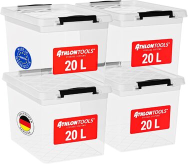 Коробки для зберігання ATHLON TOOLS 4шт по 20 літрів з кришкою, харчові, прозорі, з затискачами, з 100% нового пластику, стекуються | 20 л | 4 шт.