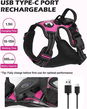 Світловідбиваючий нашийник для собак Joytale з LED, для середніх собак, без натягування, з ручкою, регульований, для нічних прогулянок, зелений, розмір M