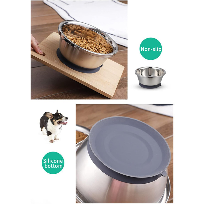 Набори мисок для собак QANIUOS з нержавіючої сталі (2 шт.), неслизькі, об'єм 2200 мл, для великих та середніх собак