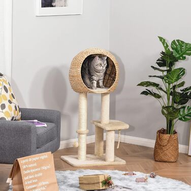 Дряпак для котів PawHut, котячий будиночок, іграшка, сизаль, плюш, 100 см, бежевий