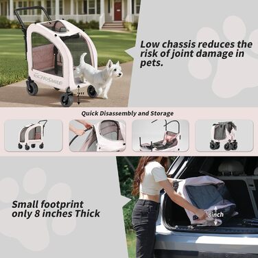 Візок для собак EchoSmile для маленьких та середніх собак до 20 кг, позашляховий, складний, з подвійним гальмом, ремені безпеки та сітчасті вікна (Рожевий)