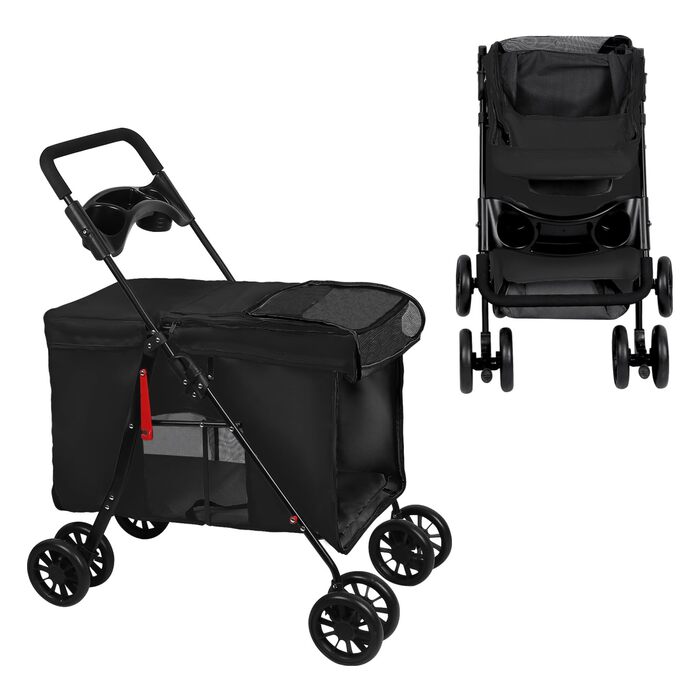 Дитяча коляска для собак та котів Homewell, чорна, складана, з сіткою, ременями та тримачем для напоїв, до 20 кг