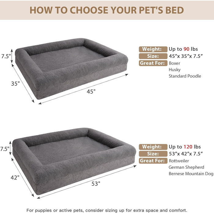 Лежанка для собак великих порід RRPETHOME, ортопедична, знімний водовідштовхувальний чохол, велика, 114x89x19 см, сіра
