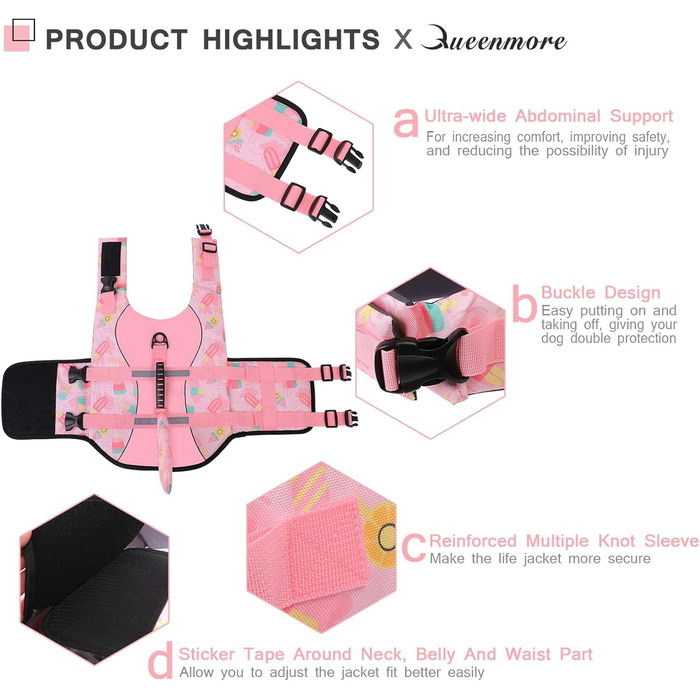 Жилет рятувальний для собак Queenmore, XXL, BabyRosa, водонепроникний, для великих собак