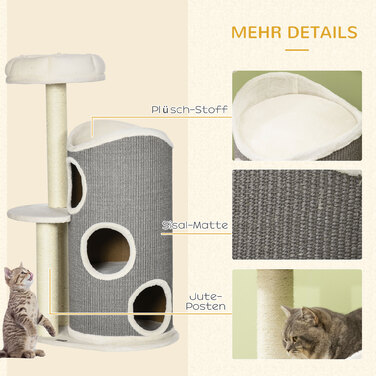 PawHut Cat Tree 109 см Cat Tree з кігтеточкою та лежаком для кішки, колони з сизалю, сучасний у білому сірому кольорі для любителів кішок