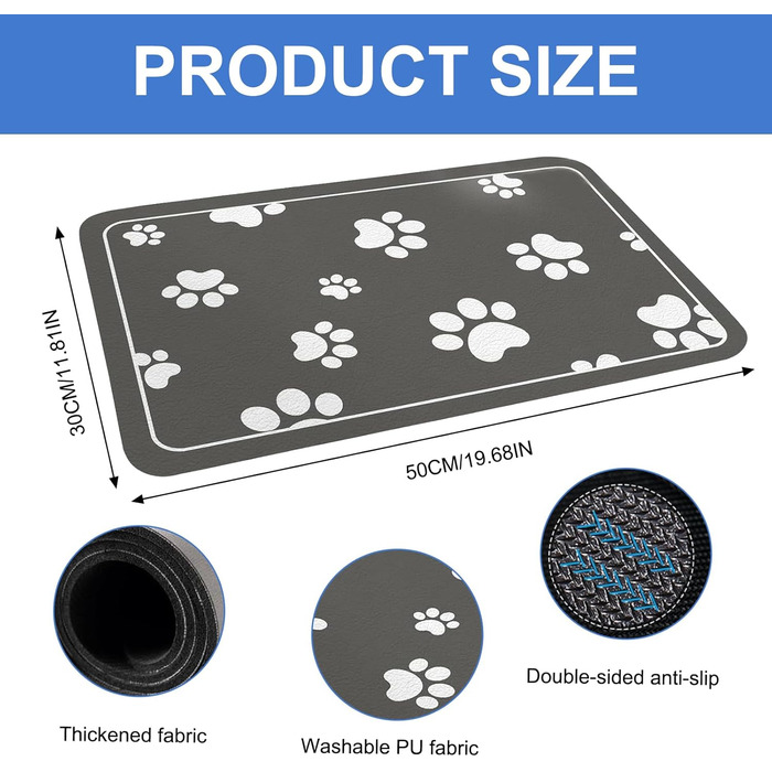 Килимок під годівницю для собак, 30x50 см, кремнезем, поглинаючий, неслизький, сірий