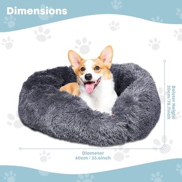 Кругла лежанка для собак та котів GONICVIN, 60 см, сіра, антистресова, знімний чохол, нековзна підставка