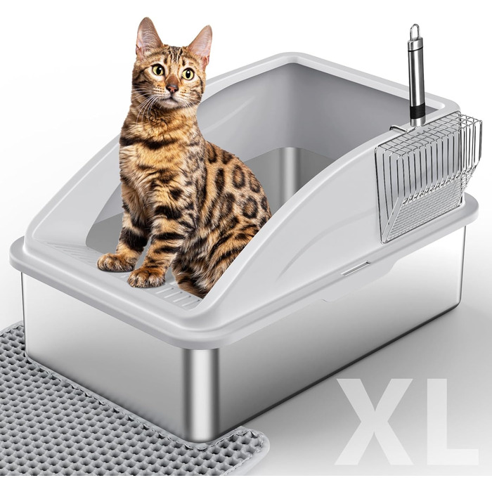 XL туалет для котів INVENHO з нержавіючої сталі з кришкою, антипротікання, не прилипає, з килимком і совком для великих котів