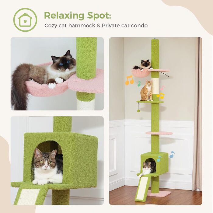PAWZ Road Блум Котячий комплекс до стелі, регульований 216-273 см, з гамаками, будиночком і антистрічкою, рожевий