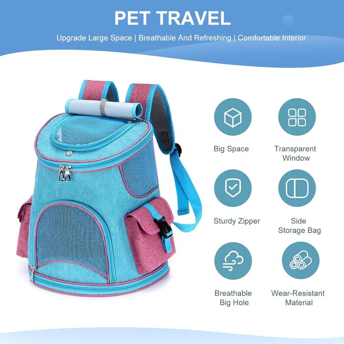 PETCUTE Рюкзак-переноска для собак і котів, дихаючий, знімний килимок, безпечна повідка, для подорожей, походів, кемпінгу, до 6 кг, блакитний + рожевий