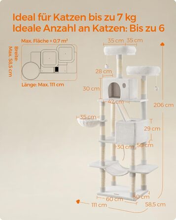 Котячий комплекс Feandrea 206 см, 13 стовпчиків, 2 платформи, 2 будиночки, кошик, гамак, канат, плюш, багаторівневий для домашніх котів, кремовий PCT190T01