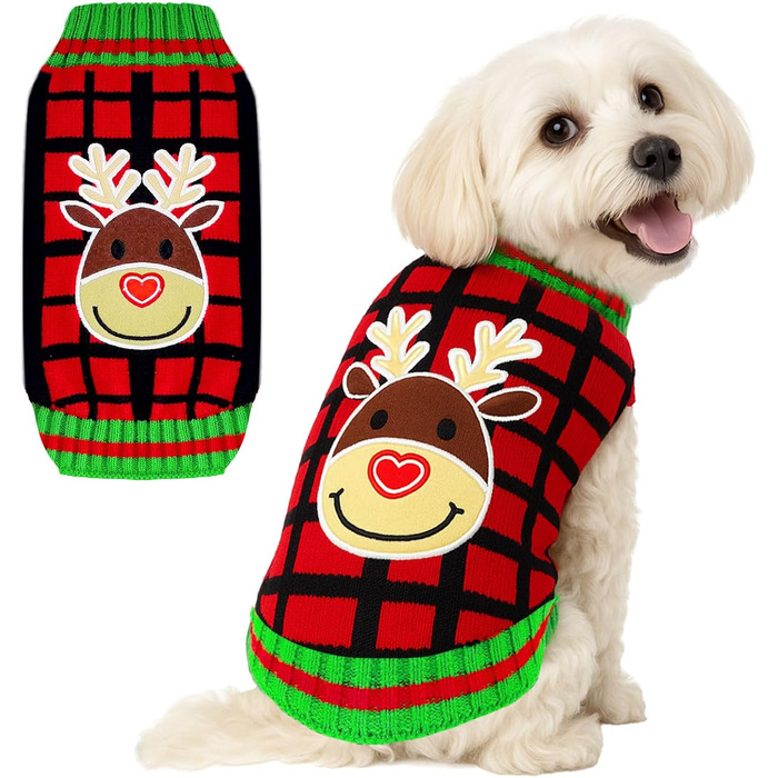 Пуловер для собак на Різдво BAJMJK з отвором для шлейки, класичний, в клітинку, теплий, для котів та собак, зимовий одяг для собак (XX-Large, F)