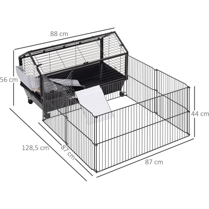Клітка для дрібних тварин PawHut з розсувним вигулом, для хом'яків, морських свинок, щурів, чорна, 88 x 128,5 x 56 см