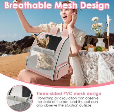 Складаний рюкзак для котів та собак, рюкзак-переноска з сіткою, м'яка підстилка, до 6,8 кг, дихаючий, для подорожей, прогулянок (рожевий)
