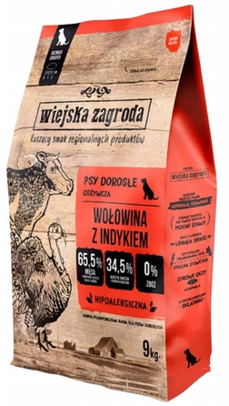 Сухий корм для собак Wiejska Zagroda: Яловичина, індичка та овочі, для великих порід (L), 9 кг