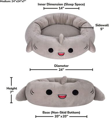 Ліжко для домашніх тварин Squishmallows Gordon Акула 61 см, середнє, ультрам'яке, офіційне плюшеве ліжко