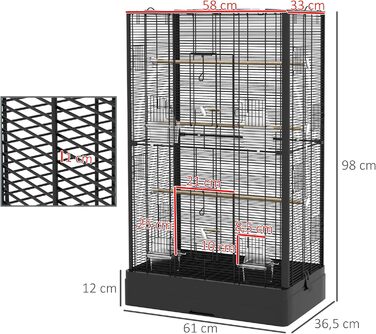 Клітка для птахів PawHut 61x36,5x98 см, чорна, з дверцятами, жердочками, висувним піддоном, годівницями та ручками для корел, хвилястих папуг, канарок, амадин