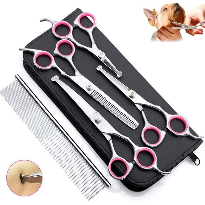 Набір професійних ножиць для грумінгу собак та котів (5 шт.) з безпечними закругленими кінцями. Виготовлені з нержавіючої сталі, для стрижки та витончення шерсті.