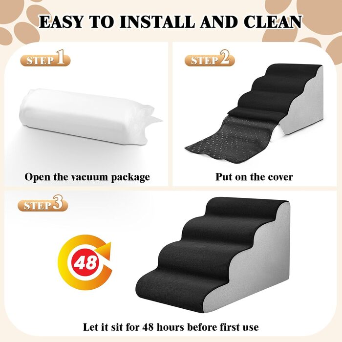 Сходинки для тварин JUOIFIP, 4 сходинки, для маленьких собак та котів, чорно-сі кольори, миючий, антиковзаючі