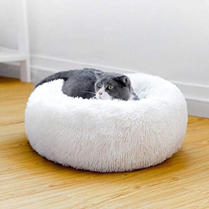 Ліжко для котів та собак Vivi Bear, кругле, надзвичайно м'яке, зручне, миле, овал-донат, придатне для прання, для котів і малих/середніх собак, біле, 50 см