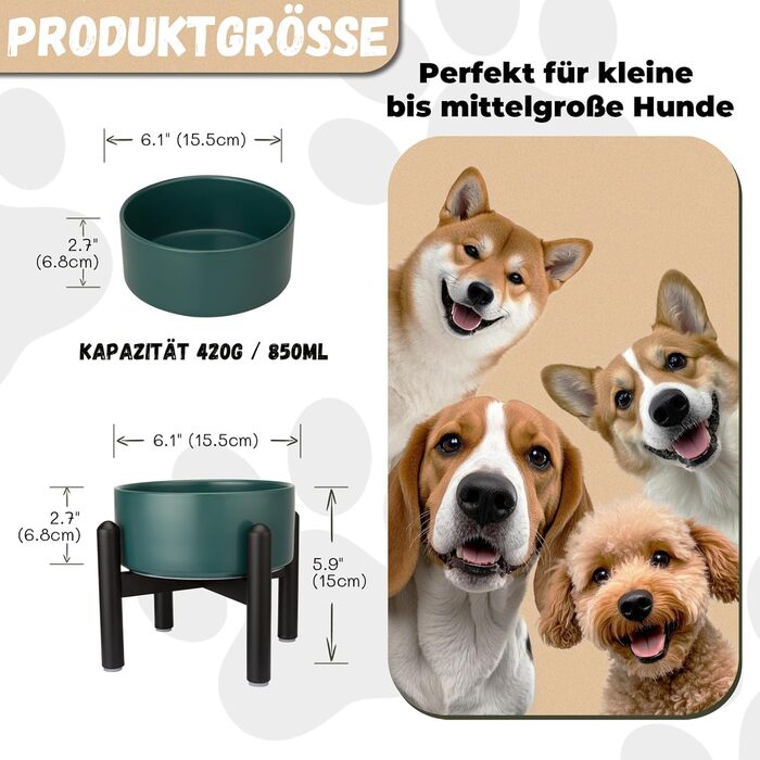 Підвищена годівниця для собак, керамічна миска для корму з нержавіючою підставкою, для малих та великих собак, діаметр 15,5 см, об'єм 850 мл, білий колір (середній, зелений)