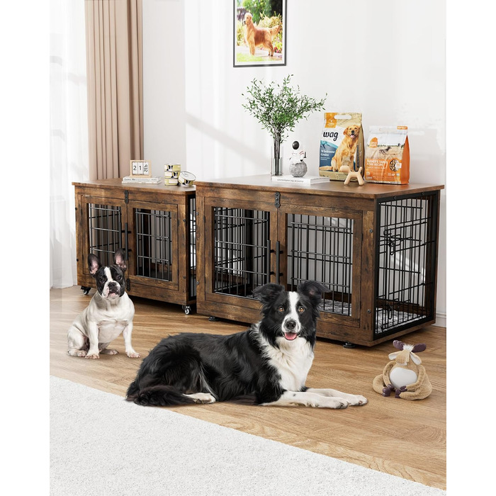 Кіяпа - Будка для собак у дім з подушкою, сучасна будка для собак з двома дверцятами та колесами, для великих собак до 70 кг, 98x64x68 см, (Рустичний коричневий, L)