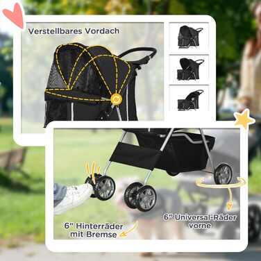 Візок для собак PawHut, розкладний буги для маленьких та мініатюрних собак, візок для котів з кошиком для зберігання, тримачем для чашок, сітковими віконцями, чорний