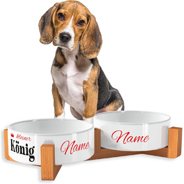 Персоналізована годівниця для собак OWLBOOK з іменем – подвійний миска з кераміки та бамбуковим каркасом, 300 мл