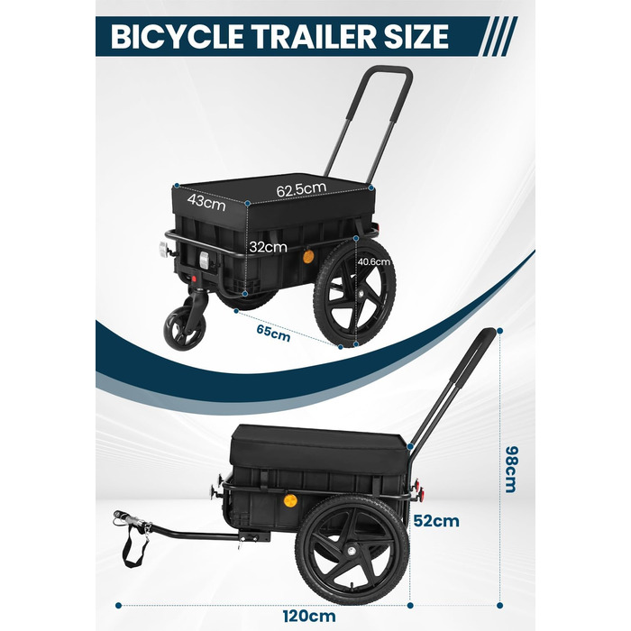 Велосипедний причіп 2-в-1 з ручкою для штовхання, міцний сталевий каркас, колеса 40 см, вантажопідйомність до 40 кг, чорний
