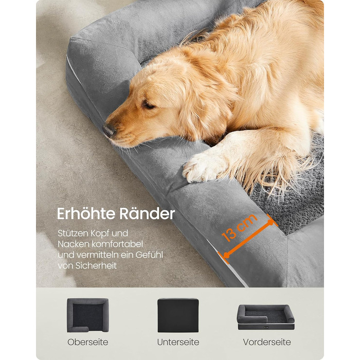 Ортопедичне ліжко для собак Feandrea, м'яке, з піднятими бортиками, 112x86x18 см, сіре